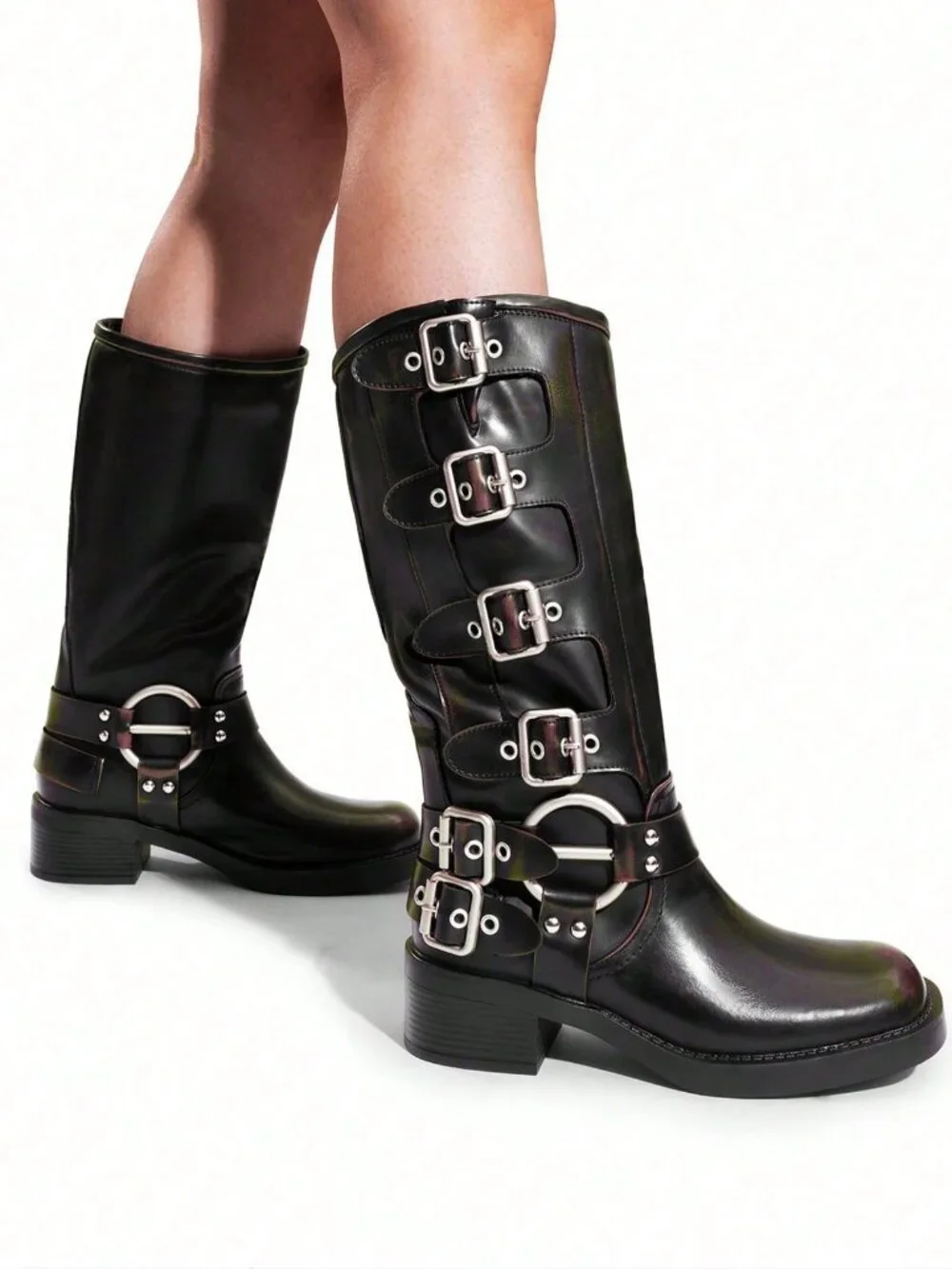 Sexy Women's Slip On Square Toe Chunky Heel Classic Metallic Buckles Motorcycle